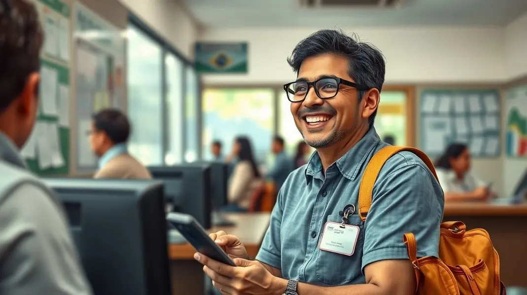 Cidadão feliz utilizando serviços sociais devido ao CPF regularizado.