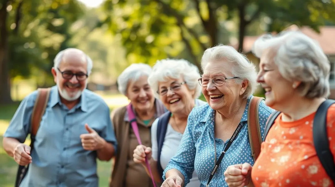 Grupo diversificado de idosos se divertindo ao ar livre.