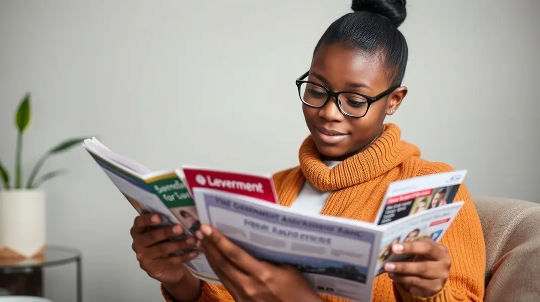 Pessoa em busca de auxílio governamental olhando panfletos.