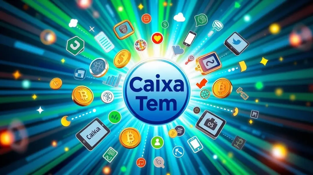 Logotipo do Caixa Tem com ícones de dinheiro e inclusão social
