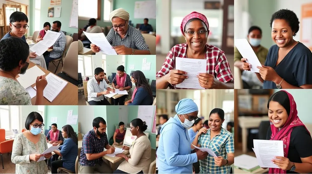 Colagem de beneficiários organizando documentos e interagindo com assistentes sociais.