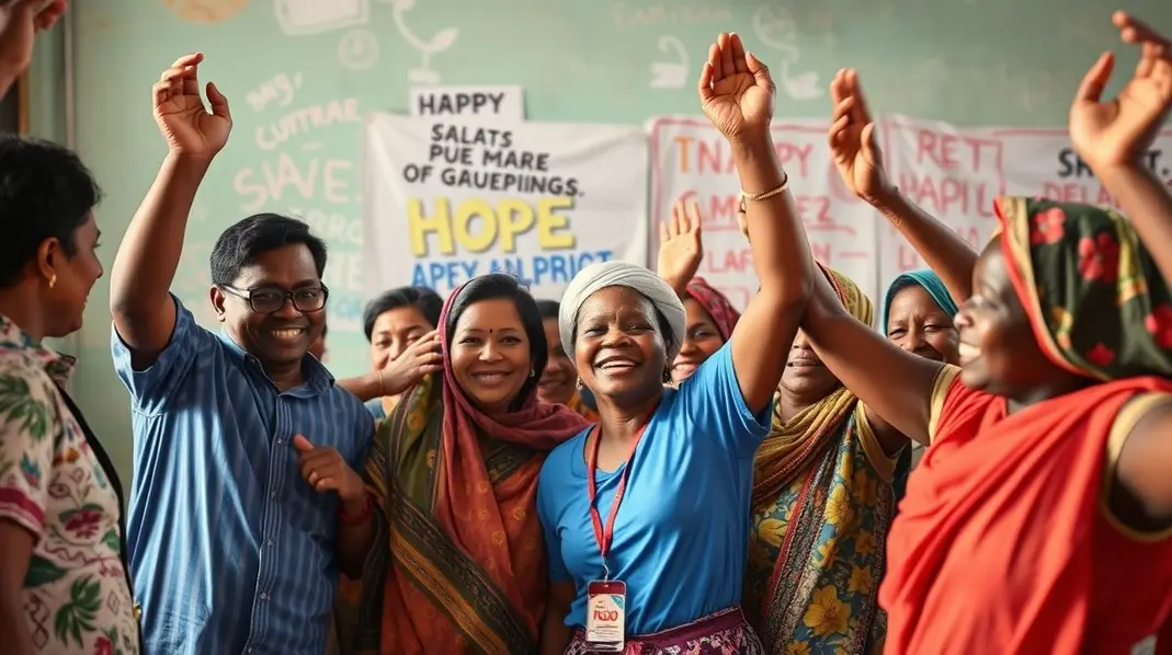 Imagem de um grupo de trabalhadores informais felizes, simbolizando a conquista de seus direitos.