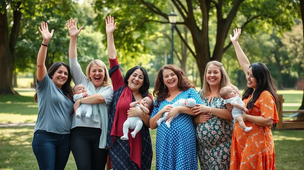 Grupo de mães comemorando seus direitos ao salário maternidade.
