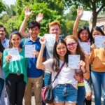 Grupo jovem segurando suas CNHs com expressão de alegria.