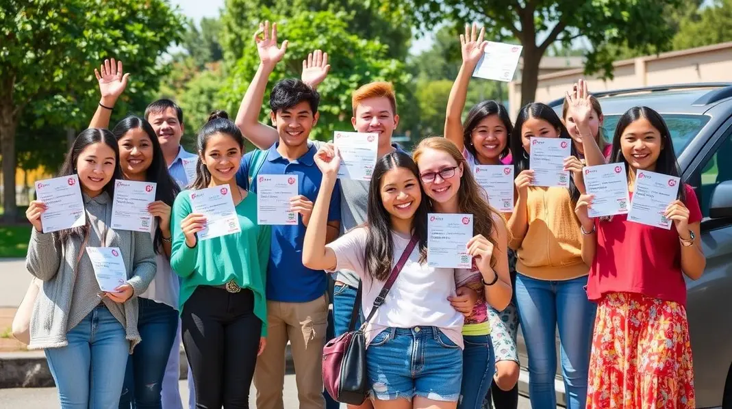 Grupo jovem segurando suas CNHs com expressão de alegria.