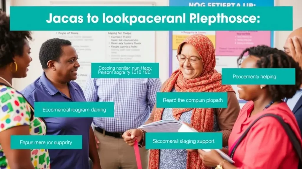 Grupo de cidadãos contentes informando-se sobre benefícios sociais.