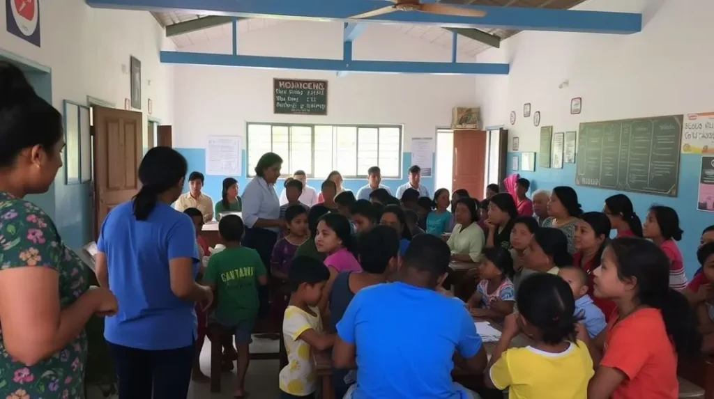 Centro comunitário com famílias recebendo orientação sobre Cadastro Único.