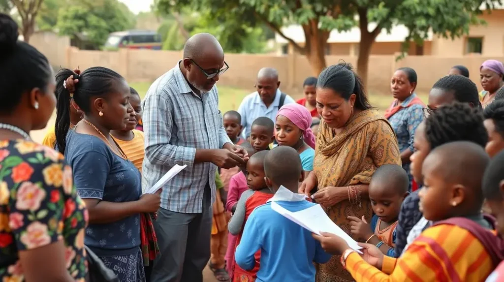 Famílias reunidas para aprender sobre benefícios sociais.