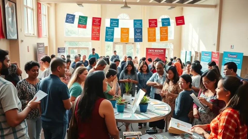 Reunião da comunidade discutindo assistência financeira.