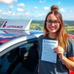 Pessoa feliz segurando a CNH ao lado de um carro.