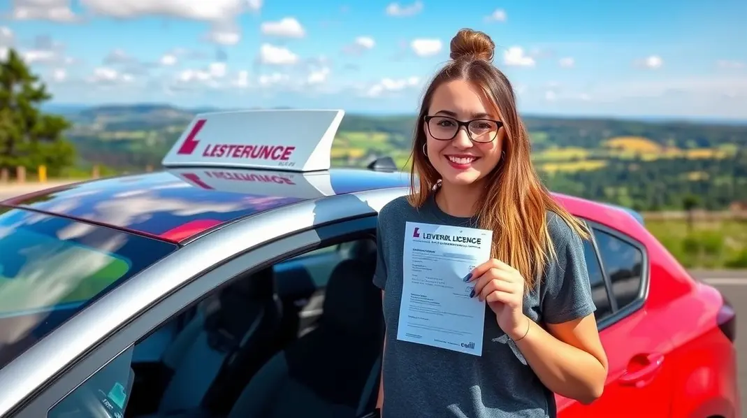 Pessoa feliz segurando a CNH ao lado de um carro.
