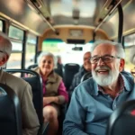 Grupo de idosos viajando felizes de ônibus.
