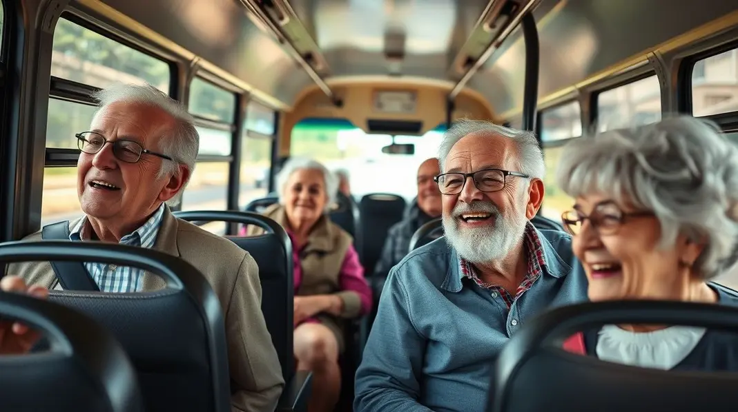 Grupo de idosos viajando felizes de ônibus.