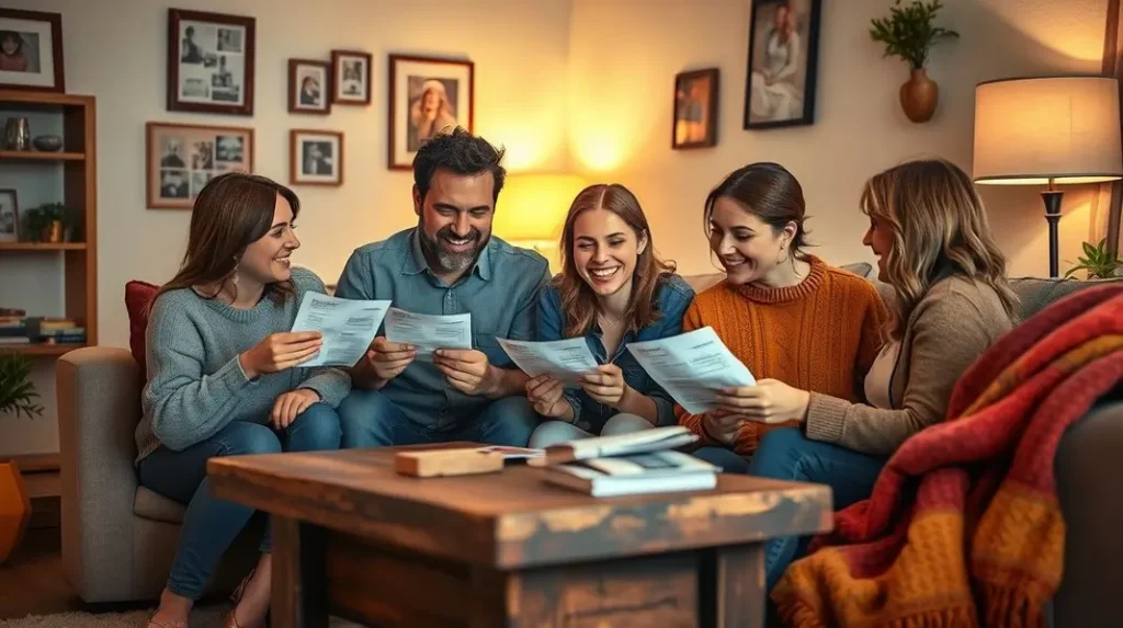 Famílias analisando suas contas de energia satisfeitas com as economias.