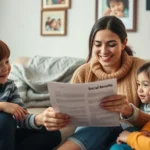 Uma família em um ambiente aconchegante, revisando documentos sobre benefícios sociais.