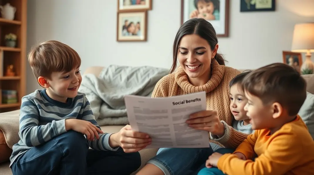 Uma família em um ambiente aconchegante, revisando documentos sobre benefícios sociais.