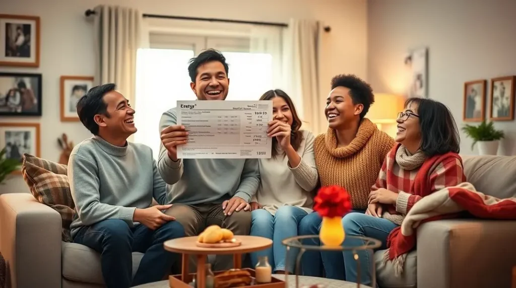 Família feliz após receber a conta de luz reduzida.