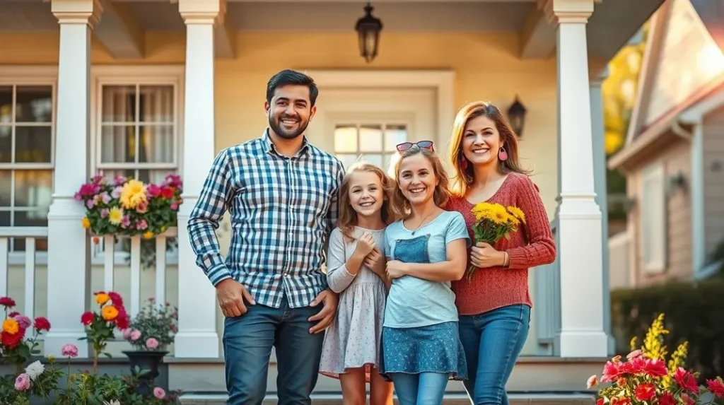 Família comemorando a conquista de sua casa própria.