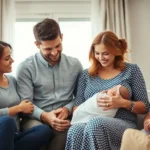 Família animada fazendo preparativos para a chegada do bebê.