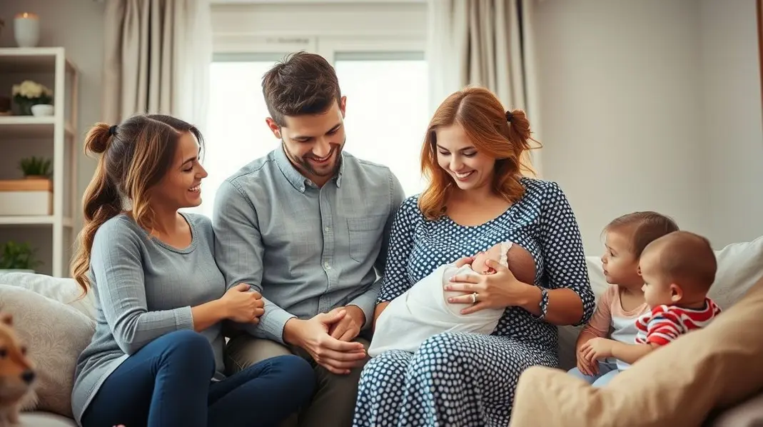 Família animada fazendo preparativos para a chegada do bebê.