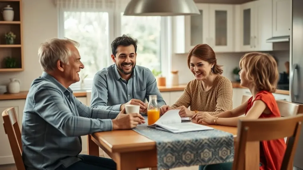 Família analisando sua situação financeira com otimismo.