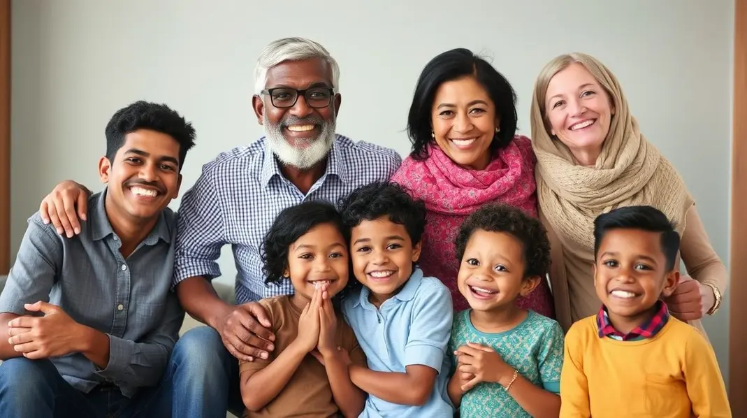 Diversidade de famílias felizes beneficiadas por programas sociais.