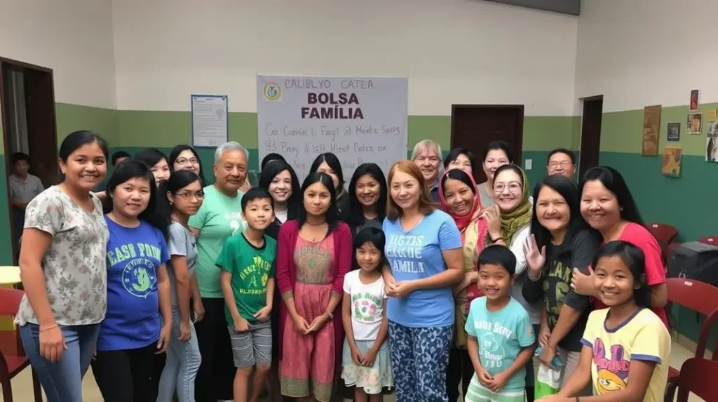 Grupo de famílias felizes após conseguir o Bolsa Família.