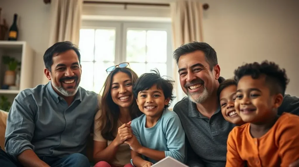 Grupo de famílias felizes representando união e suporte comunitário em torno da energia elétrica.