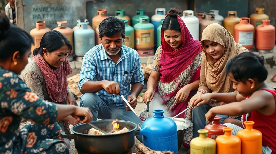 Várias famílias cozinhando juntas, enfatizando a importância do gás no lar.