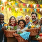 Grupo de famílias diversificadas sorrindo enquanto recebem cestas básicas.