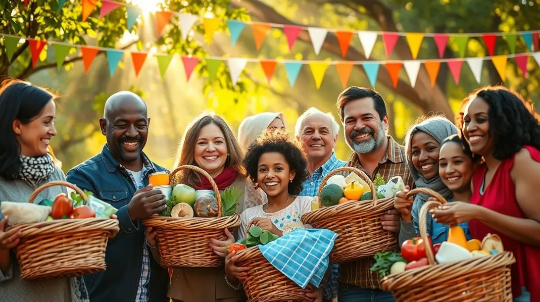 Grupo de famílias diversificadas sorrindo enquanto recebem cestas básicas.
