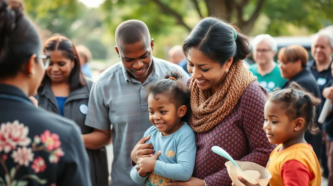 Famílias recebendo apoio e benefícios sociais em um evento.