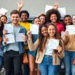 Grupo de jovens sorrindo e celebrando a conquista da habilitação.