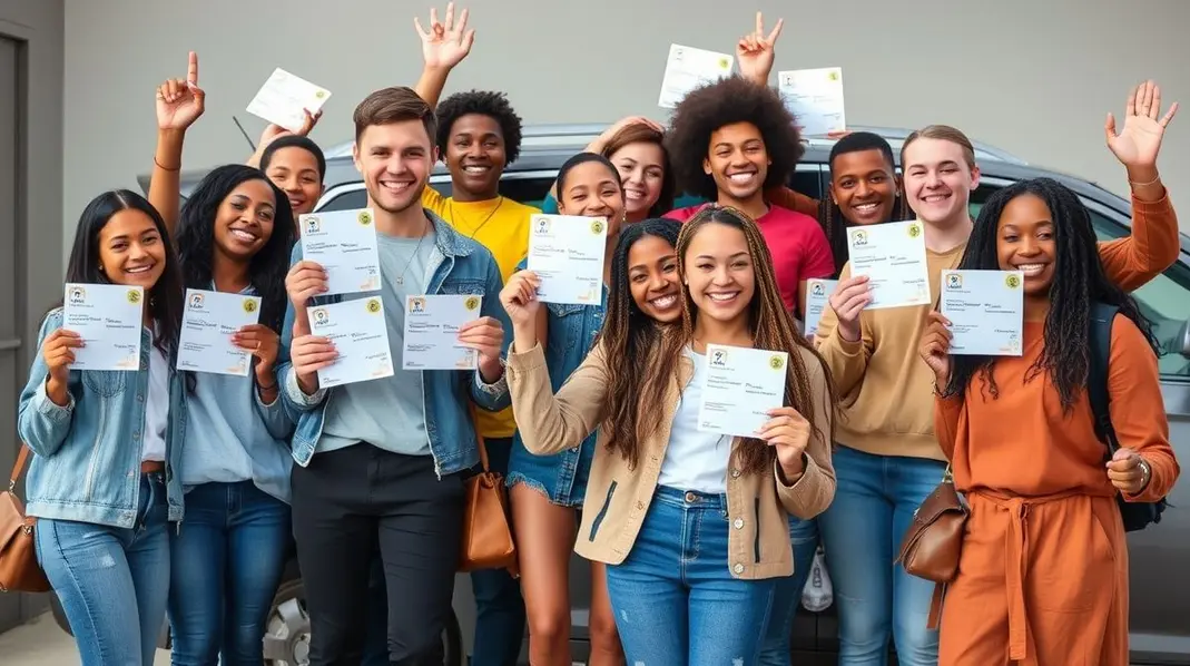 Grupo de jovens sorrindo e celebrando a conquista da habilitação.