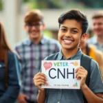 Jovem segurando a CNH com um sorriso, cercado de amigos em uma celebração.