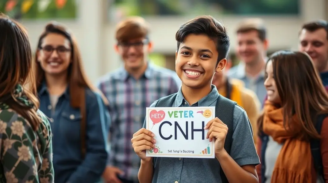 Jovem segurando a CNH com um sorriso, cercado de amigos em uma celebração.