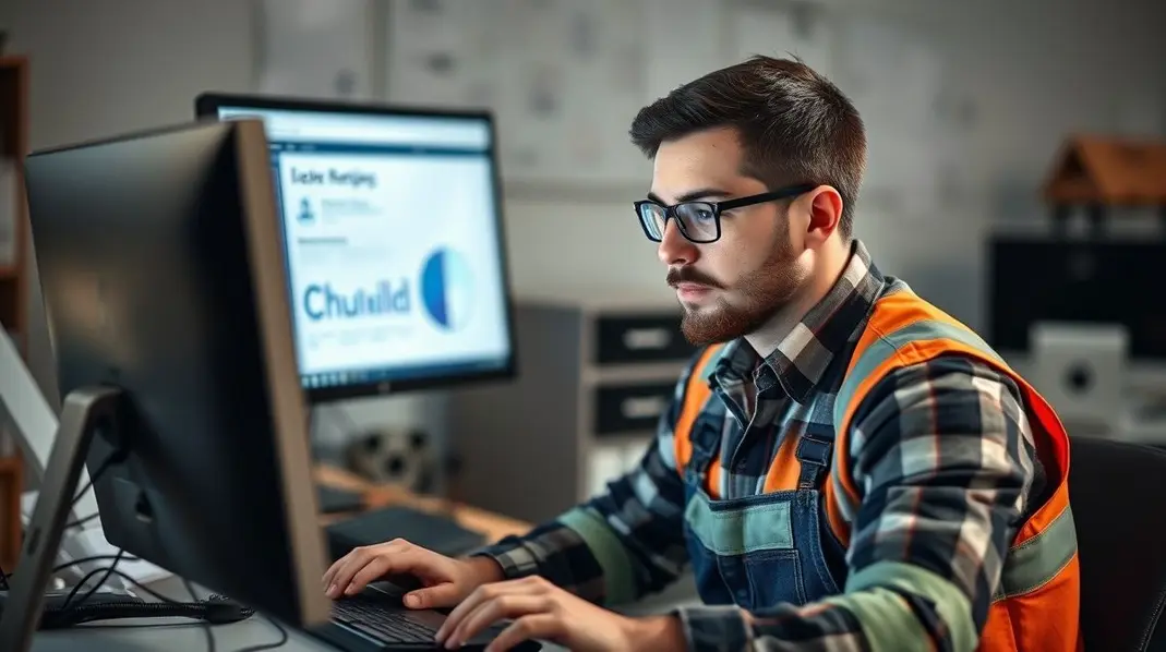 Trabalhador pesquisando auxílio acidente no computador.