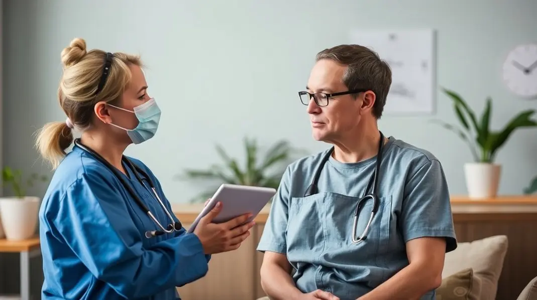 Profissional de saúde demonstrando apoio a trabalhador em dificuldade.