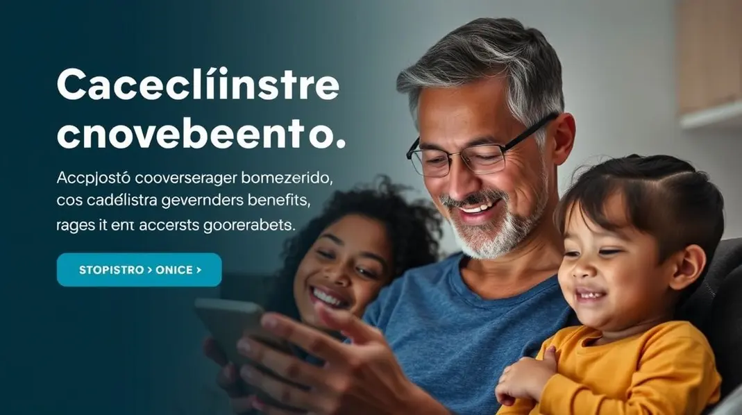 Uma família olhando com esperança para o smartphone, simbolizando o acesso a benefícios sociais.