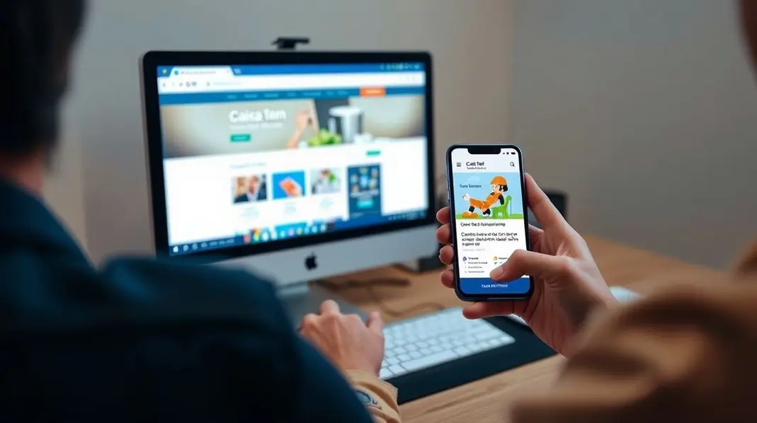 Pessoa usando computador e smartphone para acessar informações do Caixa Tem.