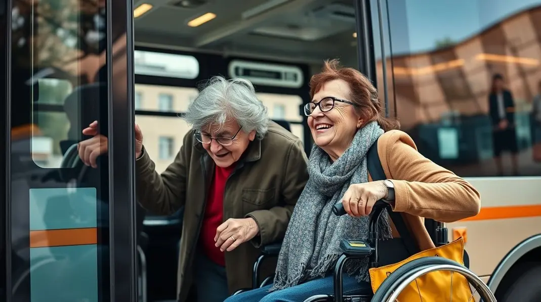 Idoso e pessoa com deficiência sorrindo ao entrarem no ônibus.