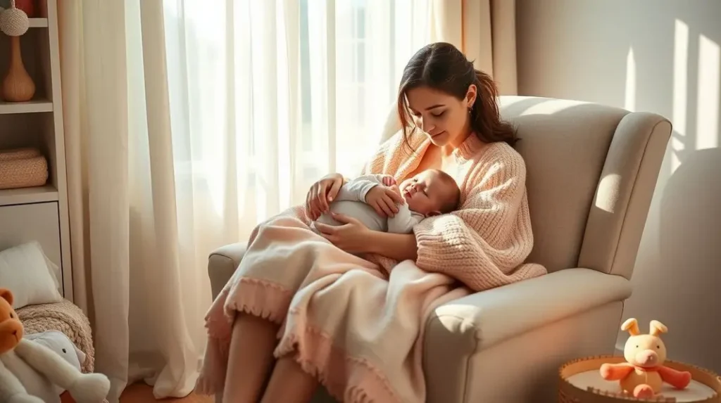 Mãe segurando seu bebê em um cenário aconchegante.