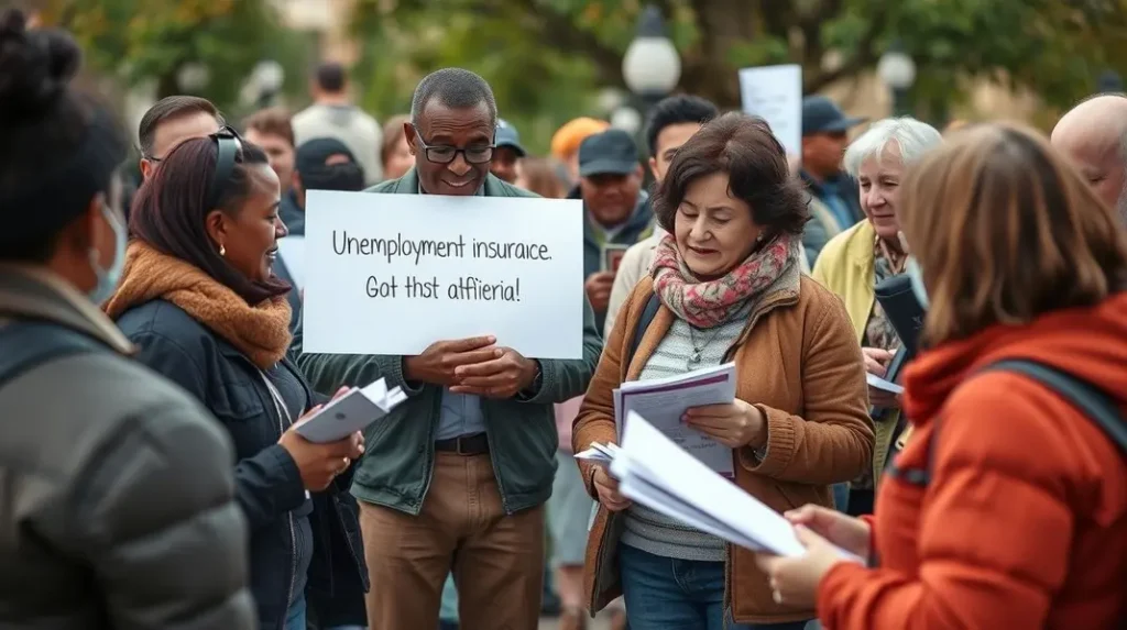 Cena de comunidade apoiando uns aos outros sobre benefícios de seguro desemprego.