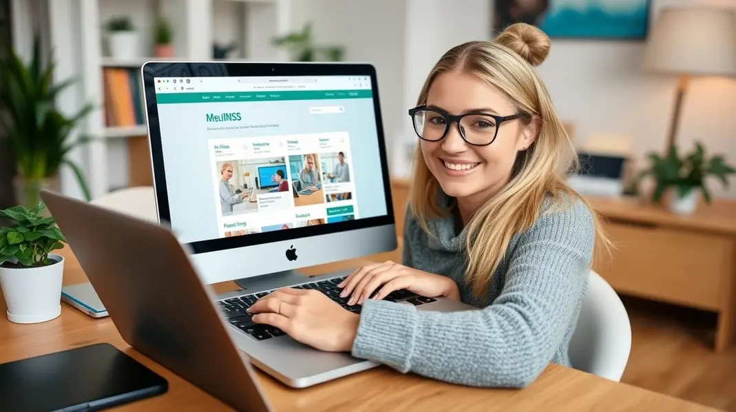 Pessoa acessando o Meu INSS em um ambiente confortável.