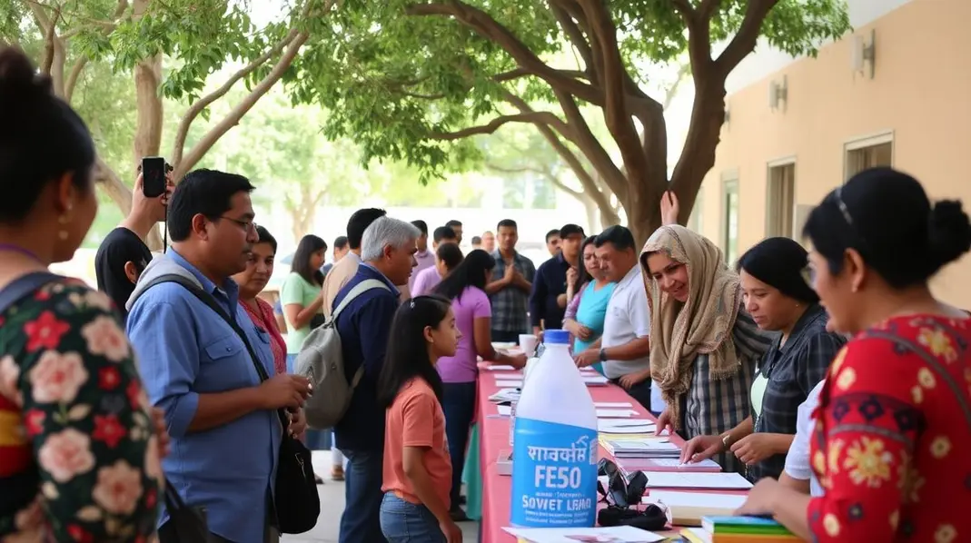 Evento comunitário com famílias recebendo informações sobre o Cadastro Único.