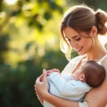 Uma mãe segurando seu bebê com carinho.