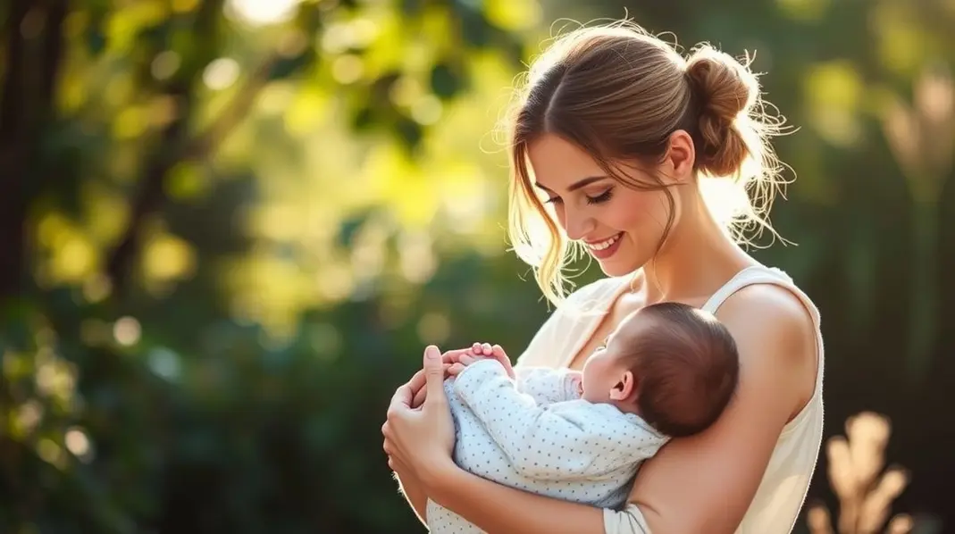 Uma mãe segurando seu bebê com carinho.
