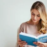 Uma mãe olhando pensativa para um livro de maternidade.