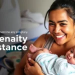 Mãe e seu bebê celebrando a solicitação do auxílio maternidade.