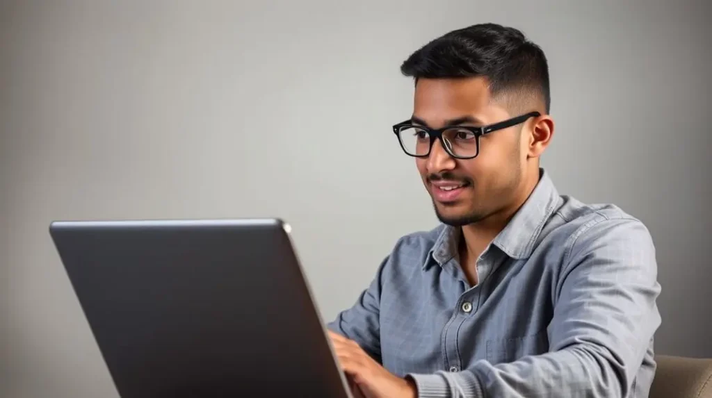 Indivíduo pesquisando sobre programas sociais em um laptop.